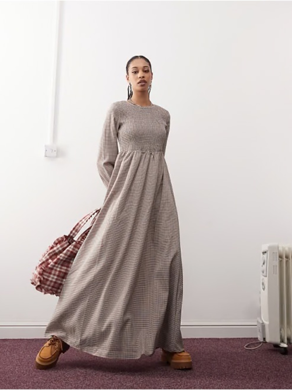 Daisy Street Maxi Smock Dress in Multi Plaid - Size XS